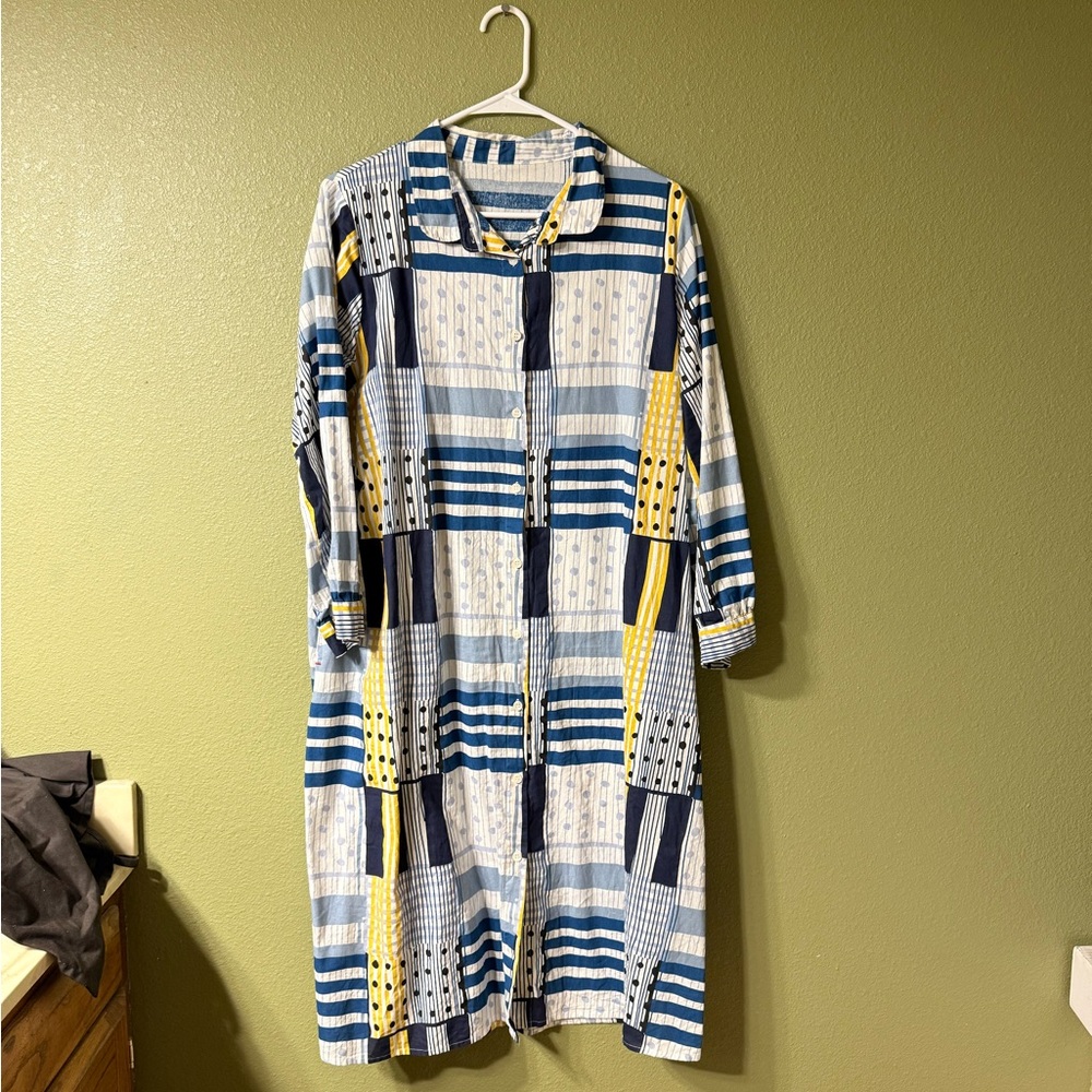 Blue and Yellow Striped Button-Up Dress